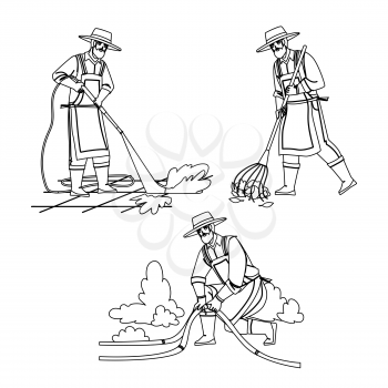 Gardener Man Agricultural Occupation Set Black Line Pencil Drawing Vector. Gardener Removing Foliage, Fixing Hose And Watering Plant In Garden Or Washing Backyard. Agriculture Maintenance Illustration
