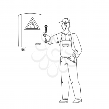 Gas Technician Worker Check Heating Boiler Black Line Pencil Drawing Vector. Gas Technician Service Employee Man Checking Equipment. Character Boy In Uniform Professional Occupation Illustration