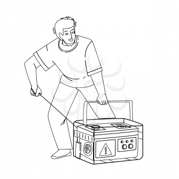 Generator Equipment Starting Young Man Black Line Pencil Drawing Vector. Emergency Generator Machine Start Boy. Autonomous Tool With Petrol Fuel Engine Generating Electricity Power Illustration