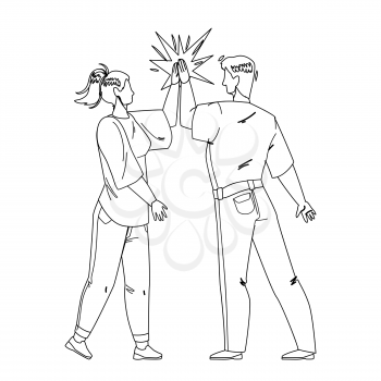 Man Giving High Five Young Woman Friend Black Line Pencil Drawing Vector. Friendly People Giving High Five Together, Greeting Or Celebrating Success. Characters Congratulating, Funny Time Illustration