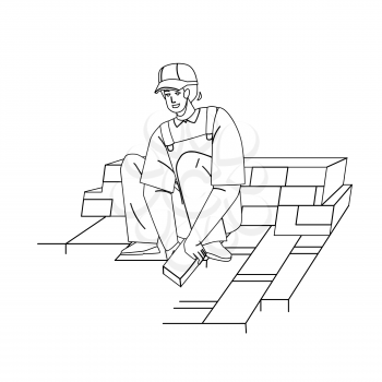 Granite Worker Laying Street Stone Pavers Black Line Pencil Drawing Vector. Granite Worker Man Brick Paving Hardstanding Garden Path. Handyman In Professional Suit And Protective Hat Illustration