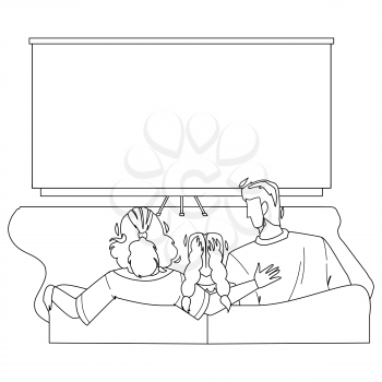 Home Theatre Watching Family Togetherness Black Line Pencil Drawing Vector. Father, Mother And Daughter Sitting On Sofa And Watch Movie On Home Theatre. Man, Woman And Girl Home Cinema Illustration
