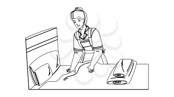 Housekeeper Woman Making Bed In Bedroom Black Line Pencil Drawing Vector. Housekeeper Service Worker Girl Cleaning And Changing Sheet. Character Maid Lady Preparing Hotel Room For Client Illustration