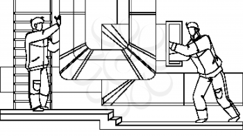 Hvac Ventilation Installation Or Repair Men Black Line Pencil Drawing Vector. Workers Check Ventilation, Pipes Air Conditioning Of Buildings. Boys Repairing Or Examining Industry Pipeline Illustration