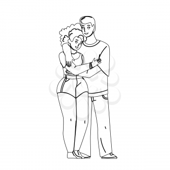 Interracial Couple Boy And Girl Embracing Black Line Pencil Drawing Vector. Young Caucasian Man And African Woman Interracial Couple Embrace With Love Together. Lovely Relationship Illustration