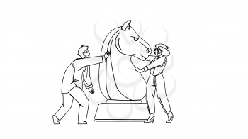 Investment Success Business Occupation Black Line Pencil Drawing Vector. Man And Woman Playing Chess And Moving Horse, Investment In Startup Or Real Estate Mortgage. Businesspeople Illustration
