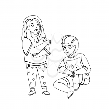Boy And Girl Kids Hurt After Fall On Ground Black Line Pencil Drawing Vector. Little Child Sitting On Floor With Knee Hurt And Lady Infant With Elbow Injury. Brother And Sister Illustration