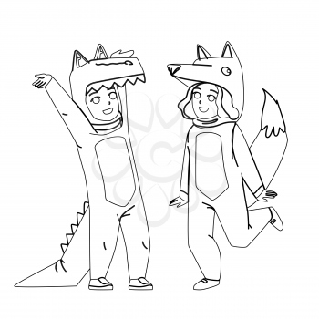 Kids Dressed Animal For Celebrate Halloween Black Line Pencil Drawing Vector. Boy Wearing Crocodile Costume And Girl In Fox Animal Dress. Characters Funny Carnival Clothes Or Pajamas Illustration