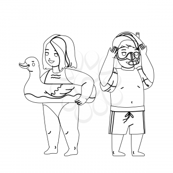 Kids In Swimming Suit Enjoying On Beach Black Line Pencil Drawing Vector. Little Boy With Facial Mask For Swim And Girl With Lifebuoy In Duck Form Resting Together On Beach. Characters Illustration