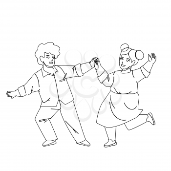 Kids Dancing Together On Children Party Black Line Pencil Drawing Vector. Happy Smiling Boy And Girl Kids Dancing In Dance School. Cute Characters Choreography, Funny Leisure Childhood Illustration