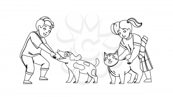 Kids Playing With Pets Together In Park Black Line Pencil Drawing Vector. Little Boy Play With Dog And Ball, Girl Stroking Cat Pets. Brother And Sister Enjoying With Domestic Animals Illustration