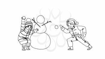 Kids Play With Winter Snow Balls Together Black Line Pencil Drawing Vector. Boy And Girl Friends Playing In Winter Seasonal Game Snowballs Fight. Brother And Sister Funny Active Time Illustration