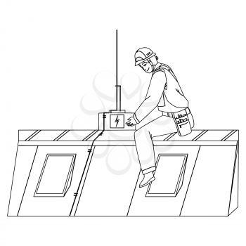 Lightning Protection System Installing Man Black Line Pencil Drawing Vector. Lightning Protection Equipment Install Technician And Electrical Worker On Roof. Character Guy Electrician Illustration