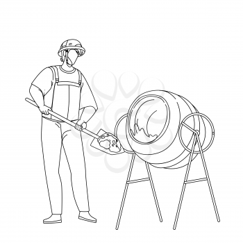 Mixing Cement Construction Worker In Tool Black Line Pencil Drawing Vector. Builder Filling Cement With Shovel In Mixer, Working Prepare Concrete In Building Equipment. Professional Illustration