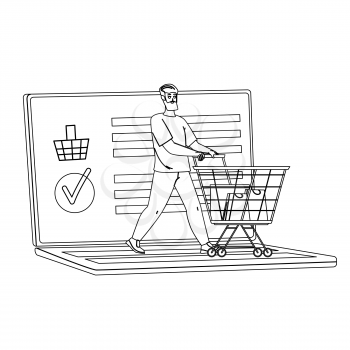Online Shopping Doing Young Man Client Black Line Pencil Drawing Vector. Guy With Supermarket Cart Make Online Shopping, Choosing Goods On Laptop Screen. Internet Shop Market Purchase Illustration