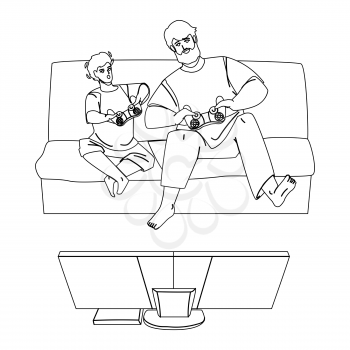 Father And Son Playing Video Games Together Black Line Pencil Drawing Vector. Man And Preteen Boy Holding Joystick Playing Video Games In Living Room. Funny Leisure And Enjoying Time Illustration