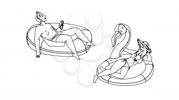 Man And Woman Couple Resting On Pool Party Black Line Pencil Drawing Vector. Young Boy And Woman Floating On Lifebuoy And Drinking Drinks On Pool Party Together. Characters Relaxation Illustration
