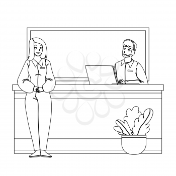 Receptionist Working At Desk In Hotel Lobby Black Line Pencil Drawing Vector. Woman Receptionist Smiling Standing Near Reception Table And Man Worker Talking With Customer On Phone. Illustration