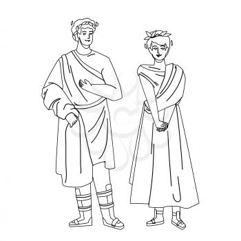 Roman Man And Woman In Traditional Clothes Black Line Pencil Drawing Vector. Roman Legionary And Citizen Lady Wearing National Clothing Staying Together. Rome People Boy And Girl Illustration