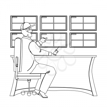 Man Security Worker Monitoring Cctv System Black Line Pencil Drawing Vector. Security Guard Watching Video Surveillance Screen. Character Professional Control And Make Supervision Job Illustration