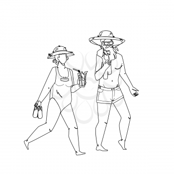 Senior Vacation Together On Ocean Shoreline Black Line Pencil Drawing Vector. Old Woman Carrying Slippers And Drinking Cocktail, Senior Man Wearing Hat And Sunglasses Walk On Sandy Beach. Illustration