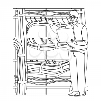 Server Administrator Testing Equipment Black Line Pencil Drawing Vector. Young Man Server Administrator Technician Examining Switches Internet Cable Of Powerful Routers. It Programmer Illustration