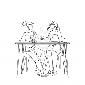 Girls Sitting At Table And Talking Together Black Line Pencil Drawing Vector. Young Women Drink Water And Talking, Gossip Or Business Meeting. Characters Ladies Friendship Or Partnership Illustration