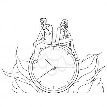 Time Management Young Man And Woman Couple Black Line Pencil Drawing Vector. Boy And Girl Sitting On Clock And Managing Or Saving Time Together. Manager Project Deadline Characters Illustration