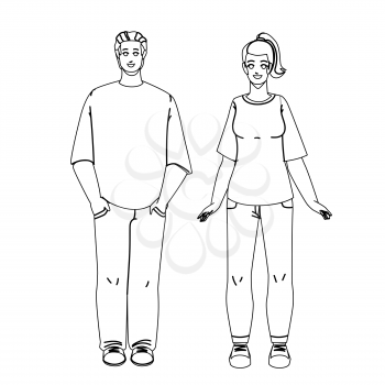 T-shirt Clothing Wearing Man And Woman Black Line Pencil Drawing Vector. Stylish Blank T-shirt, Jeans And Shoes Wear Young Boy And Girl. Happy Characters In Fashionable Stylish Clothes Illustration