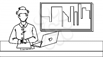 Tv News Presenter In Television Studio Black Line Pencil Drawing Vector. Newsreader Presenting Tv News, Laptop And Paper Lists On Table Workplace. Character Social Worker Broadcasting Illustration