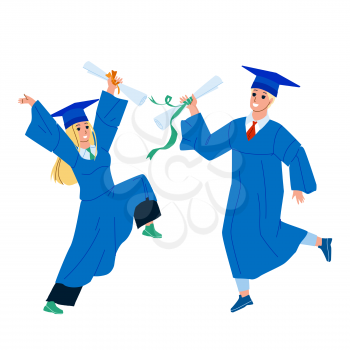 Alumnus Boy And Girl College Graduation Vector. Students Alumnus In Academy Cap And Gown Mantle With Diploma Graduating University Or School Together. Characters Flat Cartoon Illustration
