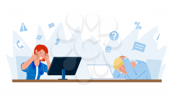 Digital Stress Feeling Employees In Office Vector. Frustrated Man And Woman Working On Computer At Workspace And Feel Digital Stress From Online Communication. Character Flat Cartoon Illustration