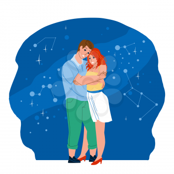 Couple Man And Woman Researching Night Sky Vector. Young Boy And Girl Looking At Starry Night Sky And Research Stars Constellation. Characters Romantic Dating Flat Cartoon Illustration
