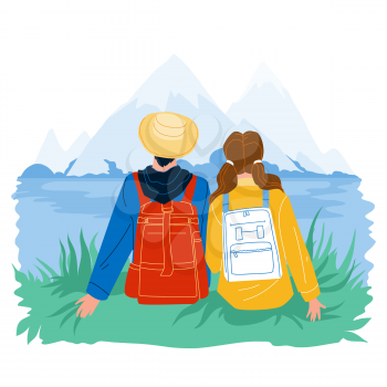 Travelers Trekking Couple Nature Adventure Vector. Young Man And Woman Sitting On Lake Shore And Enjoying View On Mountain. Characters Climbing Active Lifestyle Flat Cartoon Illustration
