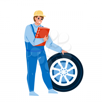 Mechanic Man Repair Flat Tire Car Wheel Vector. Vehicle Service Worker Checking And Fixing Transportation Part. Character Guy Professional Maintenance In Garage Flat Cartoon Illustration