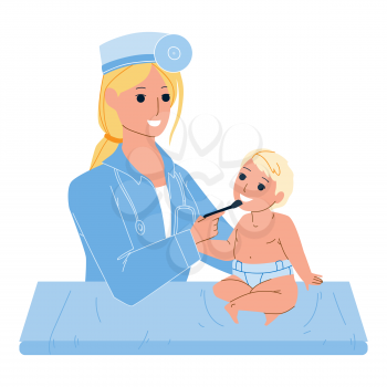 Pediatrician Doctor Woman Examining Child Vector. Young Pediatrician Lady Checking Newborn Toddler Kid Health In Hospital Cabinet. Characters Medicine Healthcare Flat Cartoon Illustration