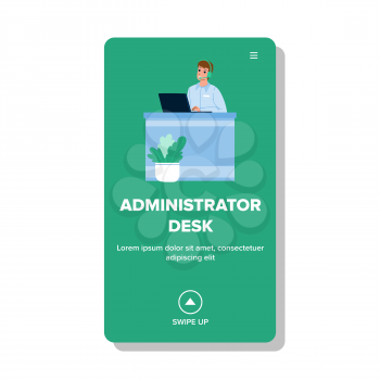 Administrator Desk Working Company Worker Vector. Man Operator Talking And Consult Customer On Phone Headset At Administrator Desk. Character Assistant Communication Web Flat Cartoon Illustration