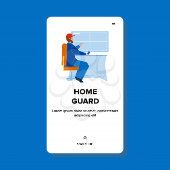 Home Guard Watching Video Surveillance Vector. Home Guard Worker Monitoring Situation On Screen. Character Man Territory Security Control In House Room Web Flat Cartoon Illustration