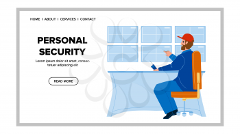 Personal Security Protection Service Worker Vector. Security Security Guard Man Watch Video Surveillance Display. Character Private Bodyguard Occupation Job Web Flat Cartoon Illustration