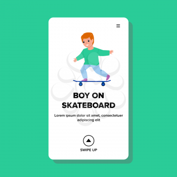 Child Boy On Skateboard Riding In Park Vector. Boy On Skateboard Making Extreme Trick And Ride Transport, Schoolboy Skating. Character Sport Energy Active Time Web Flat Cartoon Illustration