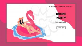 Bikini Party In Swimming Pool Or Sea Beach Vector. Young Woman Floating On Lifebuoy In Swan Or Flamingo Shape And Resting On Bikini Party. Character Swimwear Event Web Flat Cartoon Illustration
