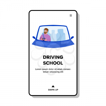 Driving School Student Practicing Drive Car Vector. Man Studying And Practice In Driving School. Character Learning And Examination For Driver License Web Flat Cartoon Illustration