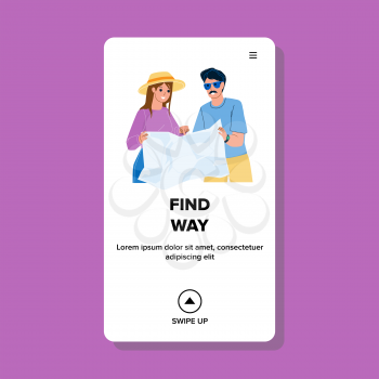 Tourists Couple Search And Find Way On Map Vector. Travelers Man And Woman Find Way Direction To Monument Or Home On Paper City Plan. Characters Travel Adventure Web Flat Cartoon Illustration