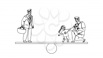 Man Work Career And Family Life Balance Black Line Pencil Drawing Vector. Businessman Job And Father With Daughter Life Decision. Characters Employee In Suit And Guy Playing With Child Illustration