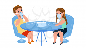 Nebulizer Mask Using Children In Clinic Vector. Little Boy And Girl Kids Use Nebulizer Mask, Taking Breath And Being Treated. Characters Healthcare Therapy In Hospital Flat Cartoon Illustration