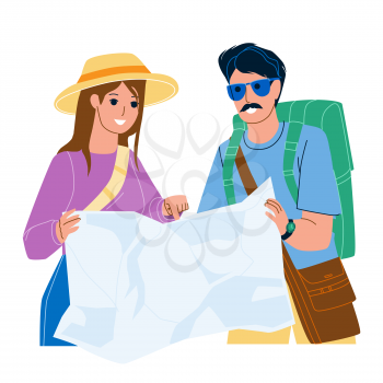 Tourist Map Research Man And Woman Couple Vector. Travelers Researching Tourist Map And Searching Monument Location Or Direction Way. Characters Traveling Flat Cartoon Illustration