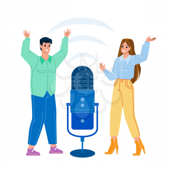 Virtual Voice Assistant Digital Technology Vector. Young Man And Woman Using Voice Assistant. Characters Standing Near Audio Microphone Device For Communication Flat Cartoon Illustration