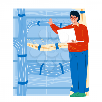 Server Administrator Testing Equipment Vector. Young Man Server Administrator Technician Examining Switches Internet Cable Of Powerful Routers. Character It Programmer Flat Cartoon Illustration