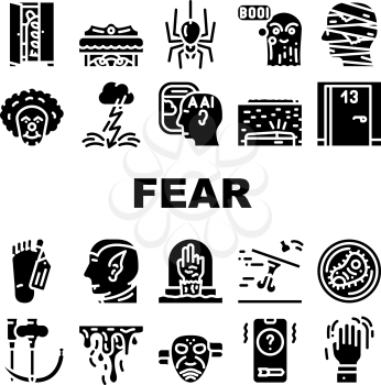 Fear Phobia Problem Collection Icons Set Vector. Monster And Vampire Fear, Ghost And Zombie, Mummy And Poltergeist, Blood And Bacteria Dread Glyph Pictograms Black Illustrations