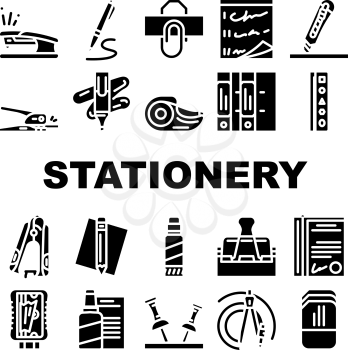Stationery Equipment Collection Icons Set Vector. Stationery Knife And Clip, Pen And Pencil, Corrector And Compass, Stapler And Anti-stapler Tool Glyph Pictograms Black Illustrations